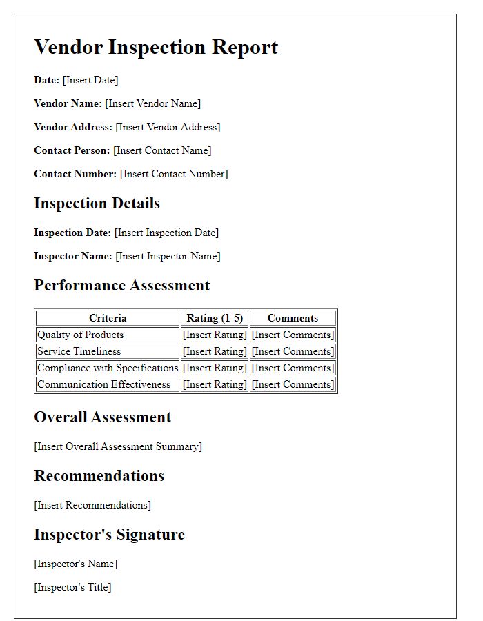 Letter template of vendor inspection report for performance assessment