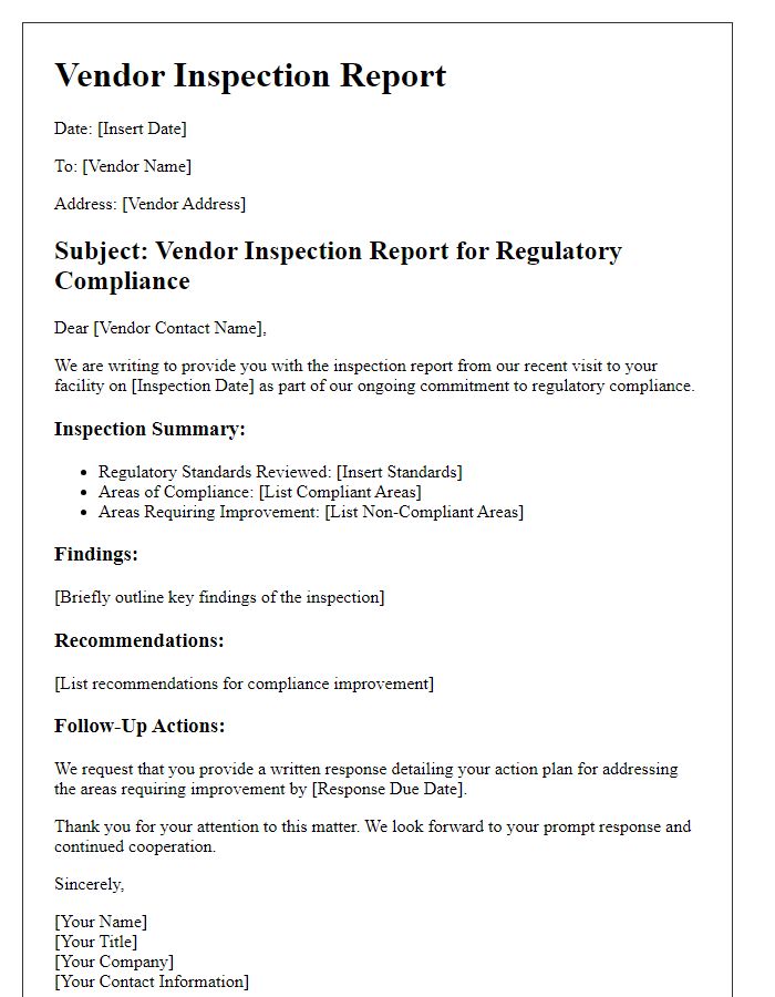 Letter template of vendor inspection report for regulatory compliance