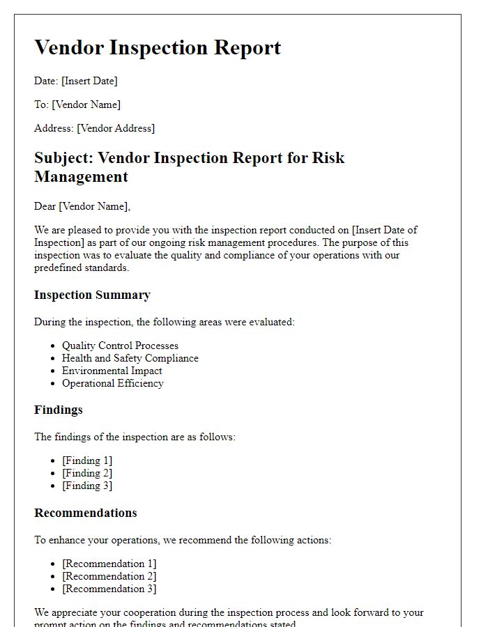 Letter template of vendor inspection report for risk management