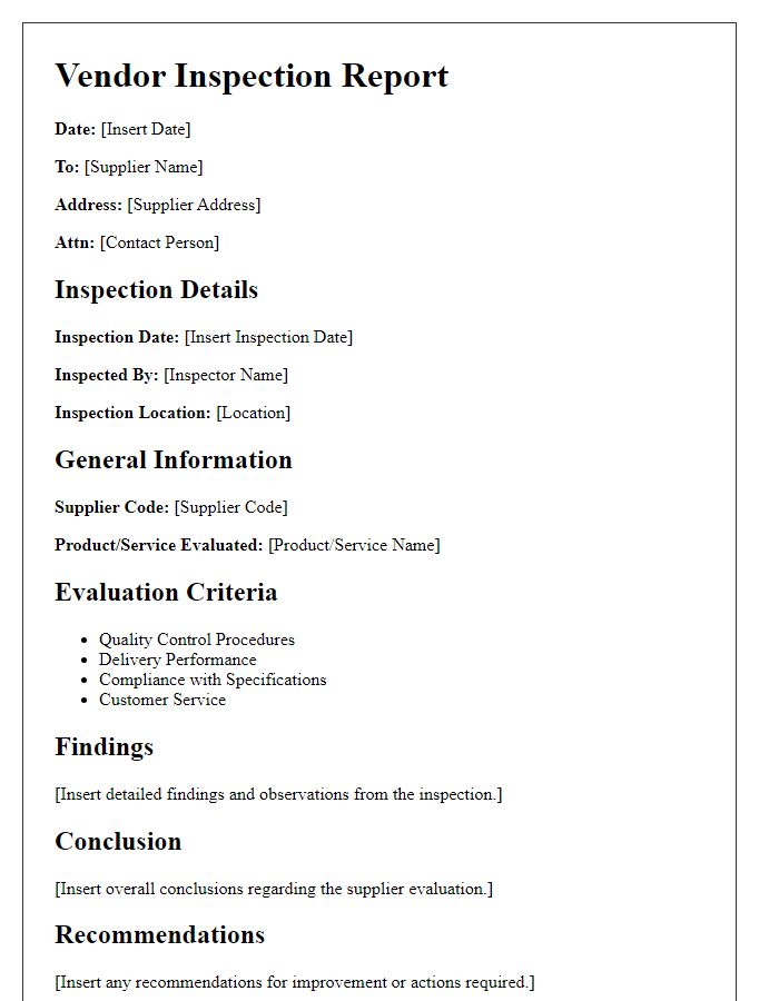 Letter template of vendor inspection report for supplier evaluation