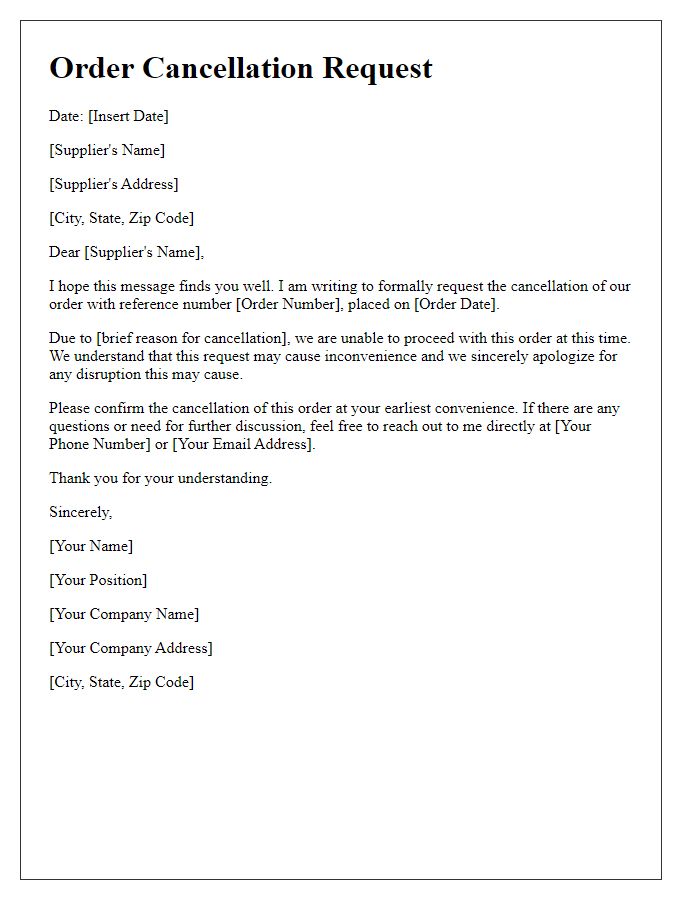 Letter template of supplier order cancellation request