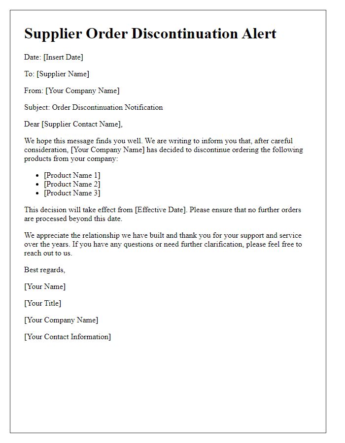 Letter template of supplier order discontinuation alert