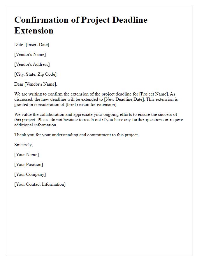 Letter template of confirmation for vendor project deadline extension