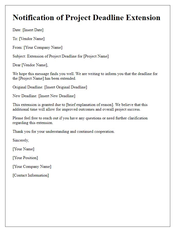 Letter template of notification for vendor project deadline extension