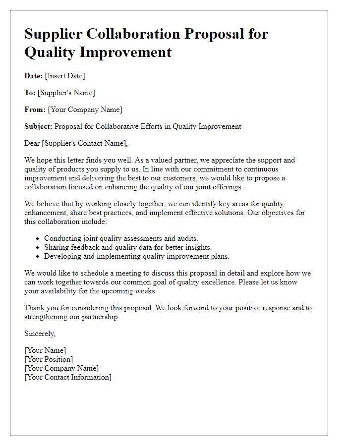 Letter template of supplier collaboration proposal for quality improvement