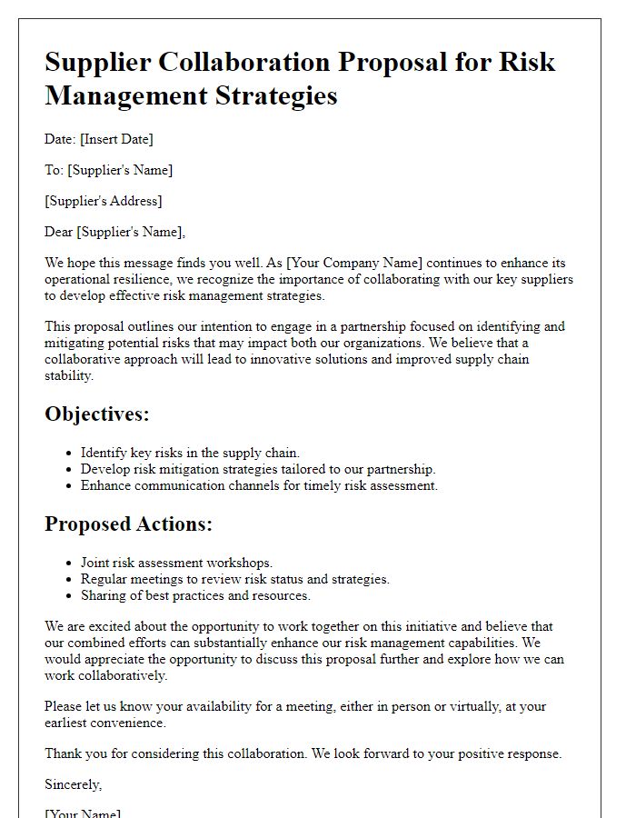 Letter template of supplier collaboration proposal for risk management strategies