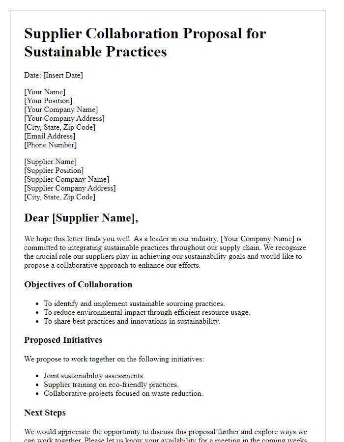 Letter template of supplier collaboration proposal for sustainable practices