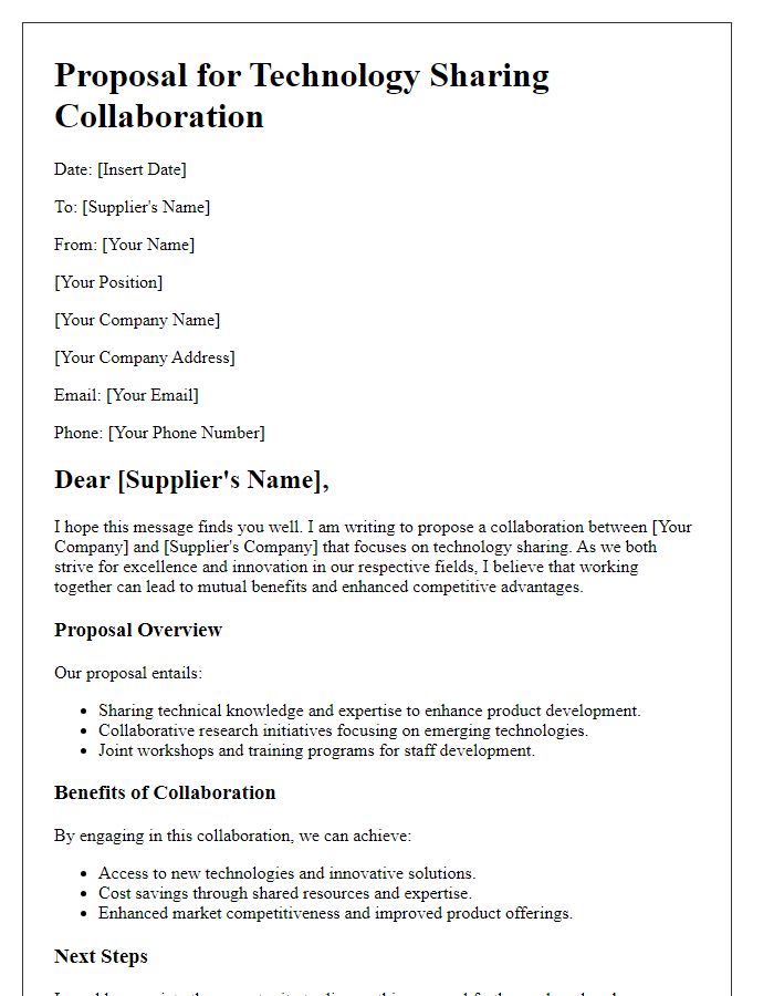 Letter template of supplier collaboration proposal for technology sharing