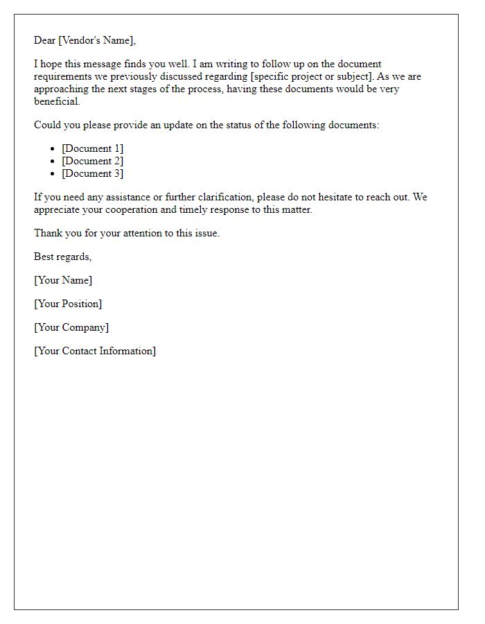 Letter template of Follow-Up on Vendor Document Requirements