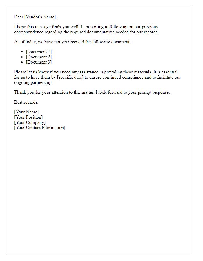 Letter template of Follow-Up Reminder: Vendor Documentation Needed