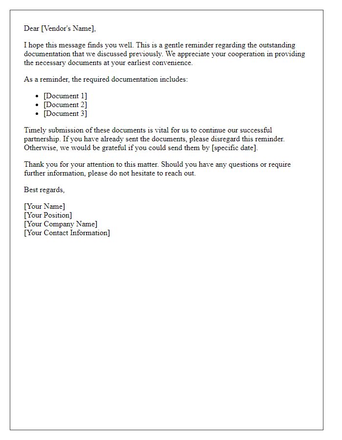 Letter template of Gentle Reminder for Vendor Documentation