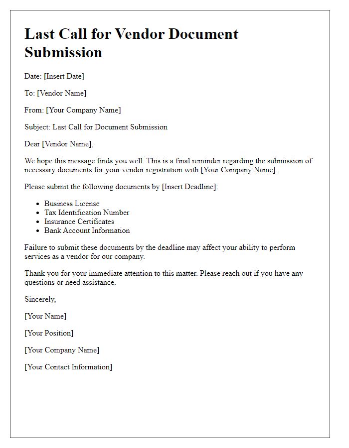 Letter template of Last Call for Vendor Document Submission