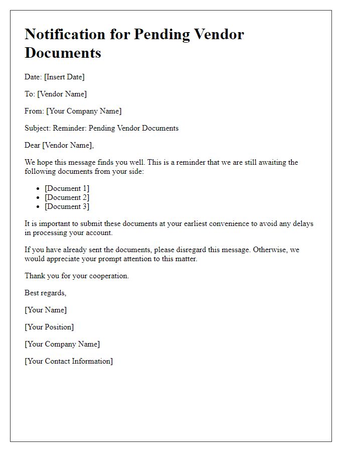 Letter template of Notification for Pending Vendor Documents