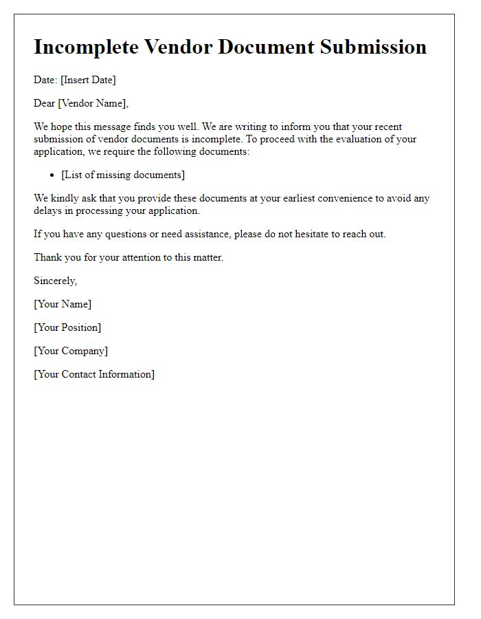 Letter template of Prompt for Incomplete Vendor Document Submission