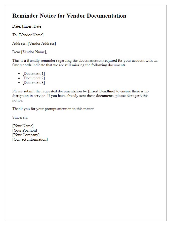 Letter template of Reminder Notice for Vendor Documentation
