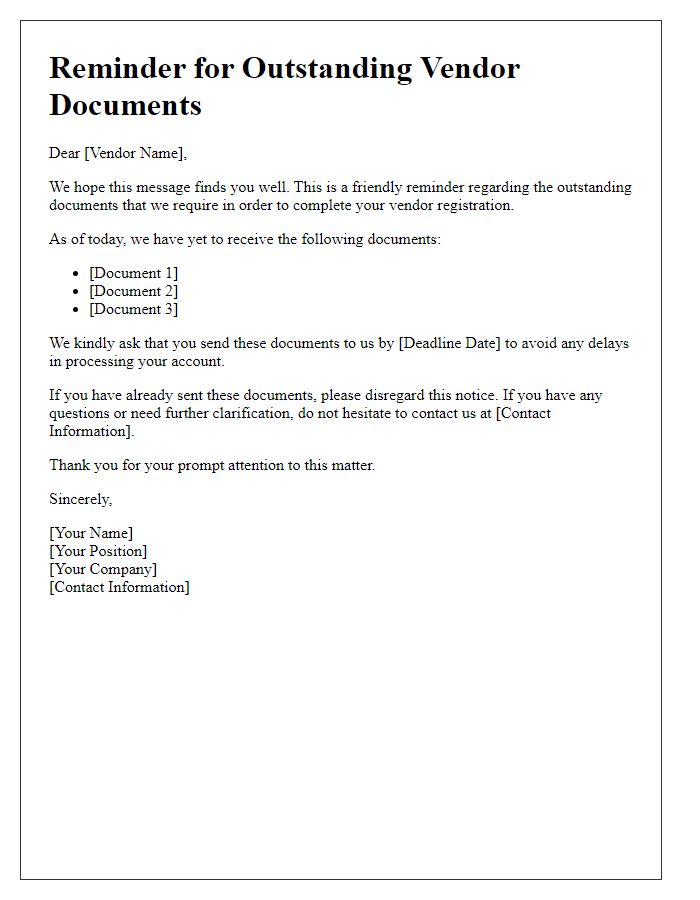 Letter template of Reminder for Outstanding Vendor Documents