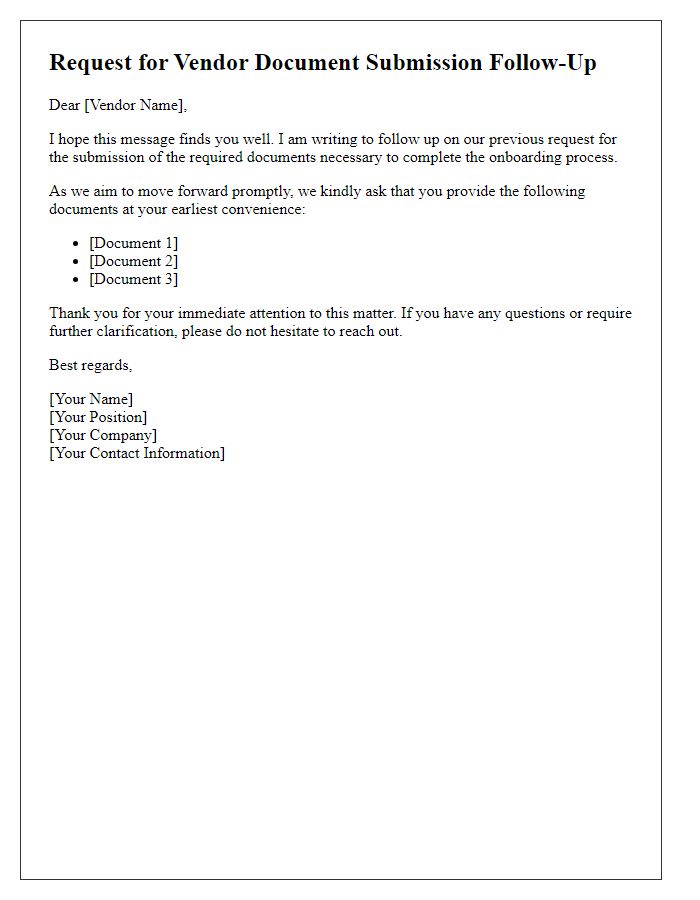 Letter template of Request for Vendor Document Submission Follow-Up