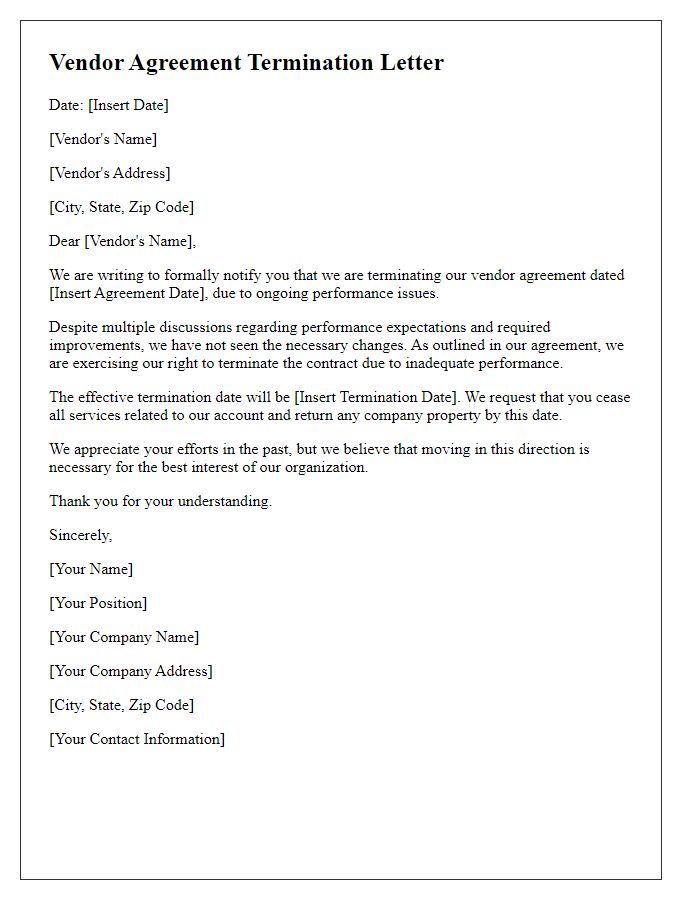 Letter template of vendor agreement termination due to performance issues