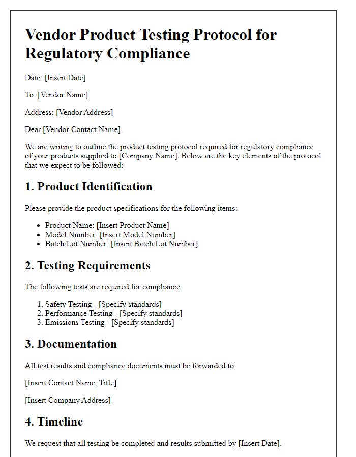 Letter template of vendor product testing protocol for regulatory compliance.