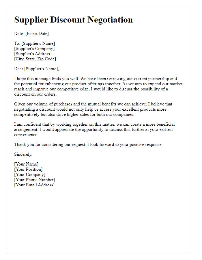 Letter template of supplier discount negotiation for enhanced product offerings