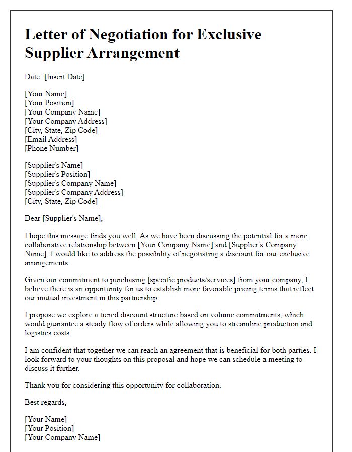 Letter template of supplier discount negotiation for exclusive arrangements