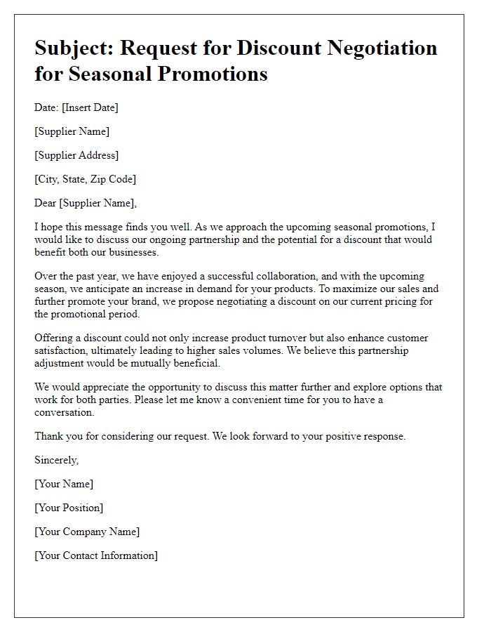 Letter template of supplier discount negotiation for seasonal promotions