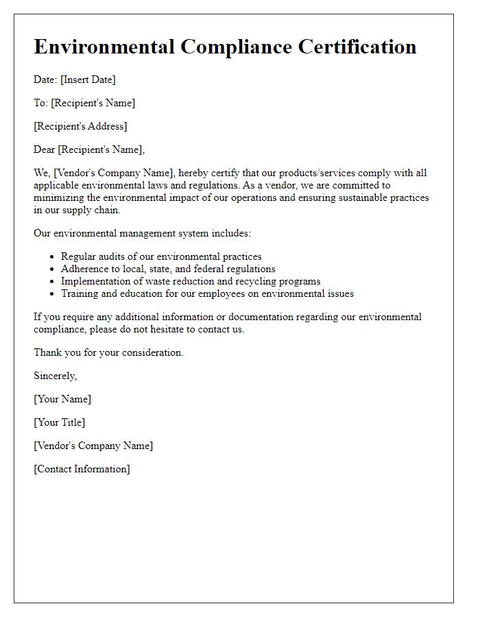 Letter template of Environmental Compliance Certification from Vendor