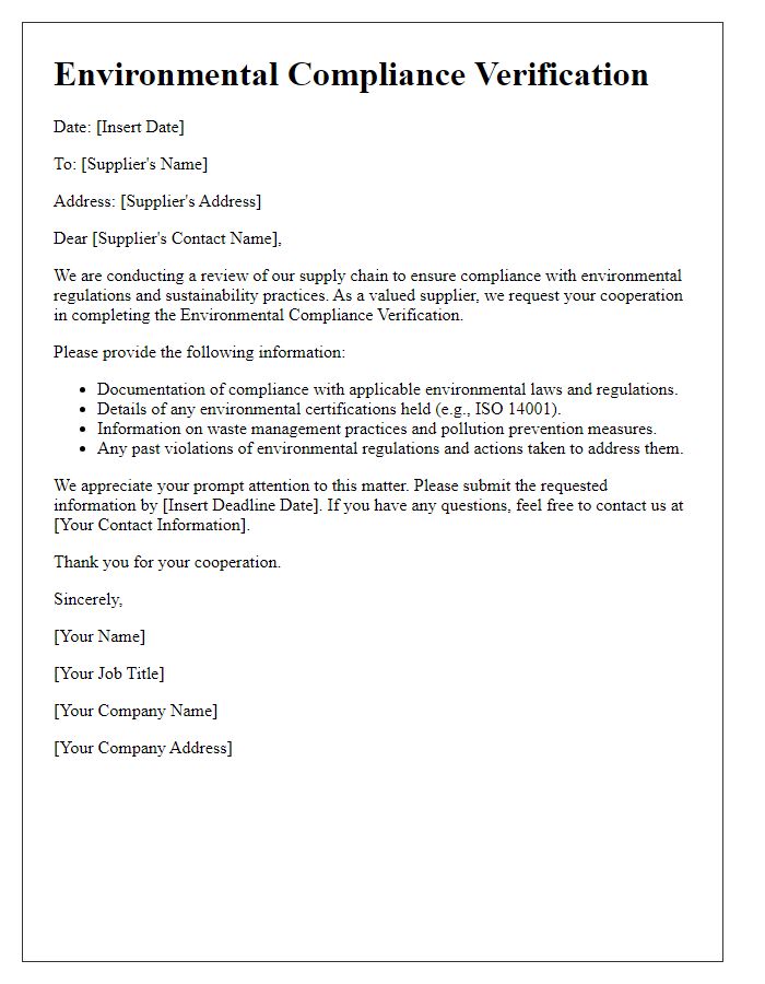 Letter template of Environmental Compliance Verification for Suppliers