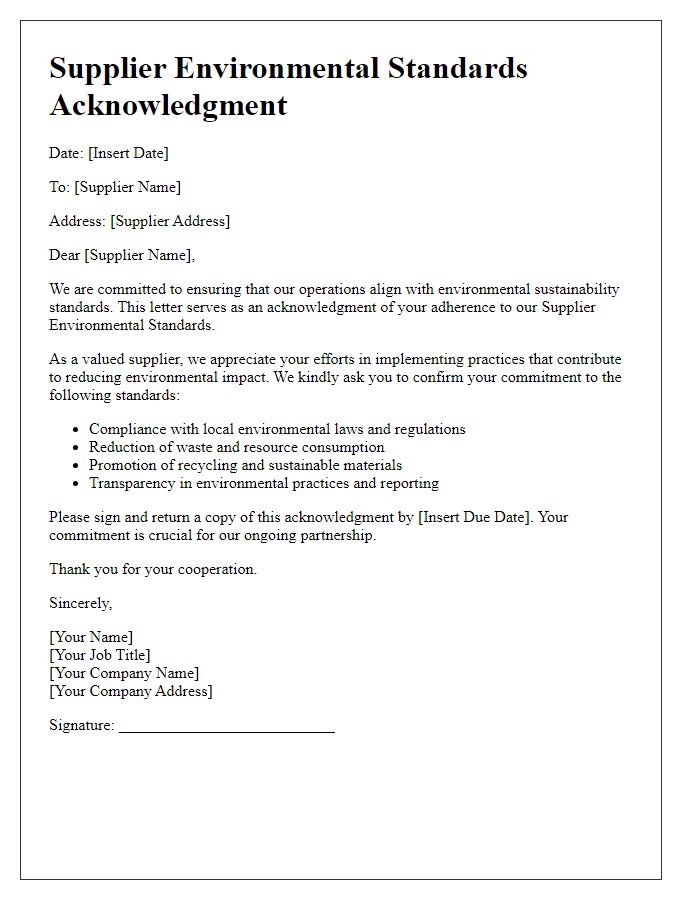 Letter template of Supplier Environmental Standards Acknowledgment