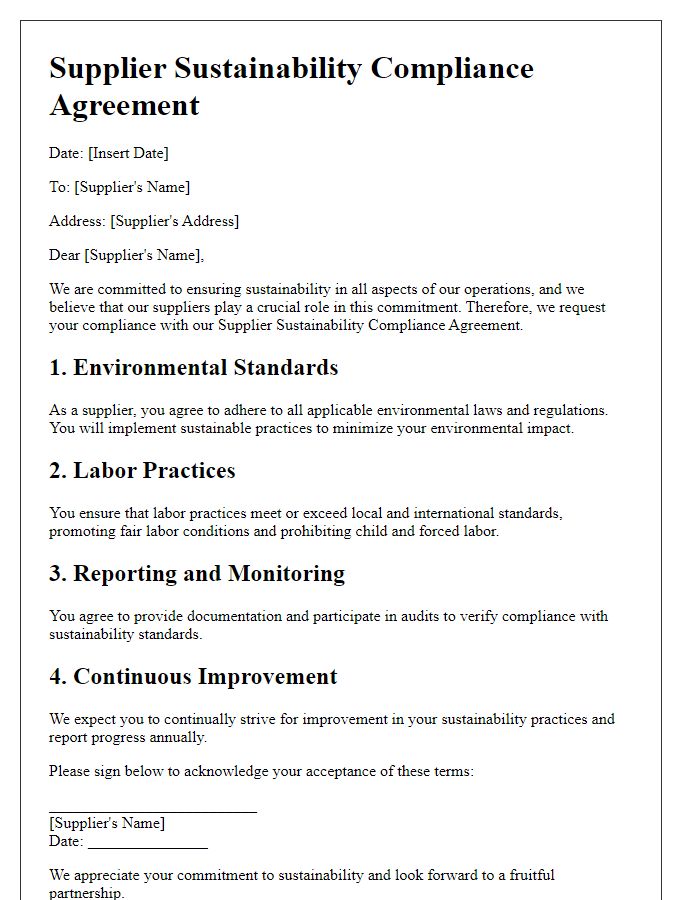 Letter template of Supplier Sustainability Compliance Agreement