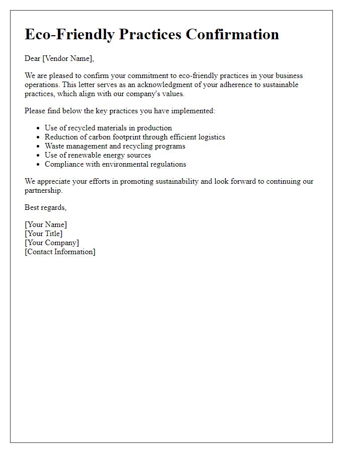 Letter template of Vendor Eco-Friendly Practices Confirmation