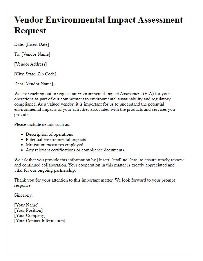 Letter template of Vendor Environmental Impact Assessment Request