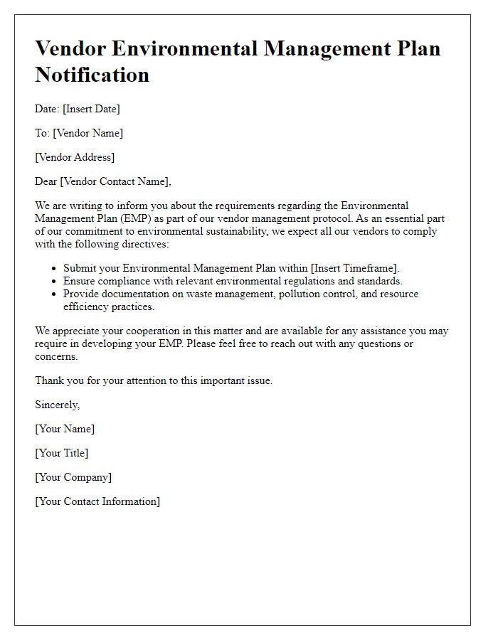 Letter template of Vendor Environmental Management Plan Notification