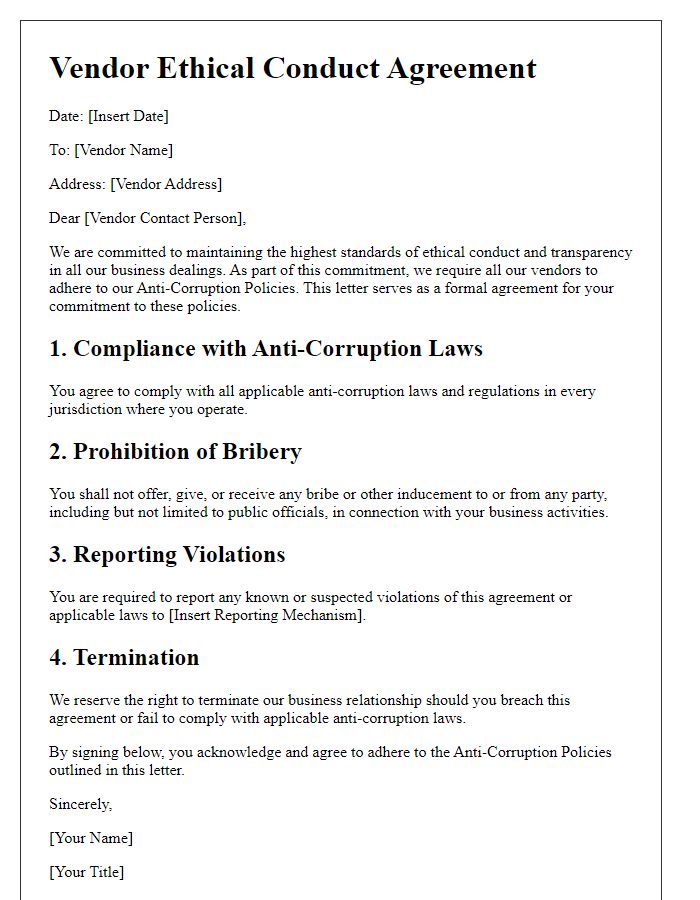 Letter template of Vendor Ethical Conduct Agreement for Anti-Corruption Policies