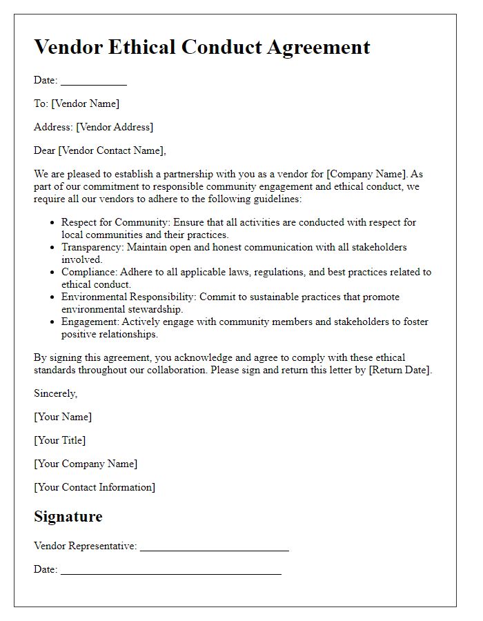 Letter template of Vendor Ethical Conduct Agreement for Community Engagement