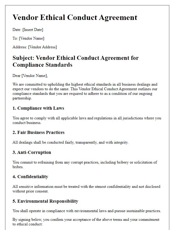 Letter template of Vendor Ethical Conduct Agreement for Compliance Standards