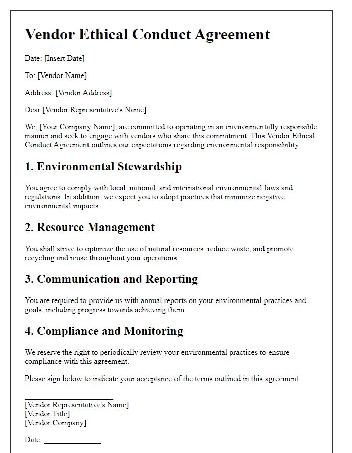 Letter template of Vendor Ethical Conduct Agreement for Environmental Responsibility