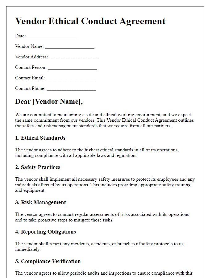 Letter template of Vendor Ethical Conduct Agreement for Safety and Risk Management