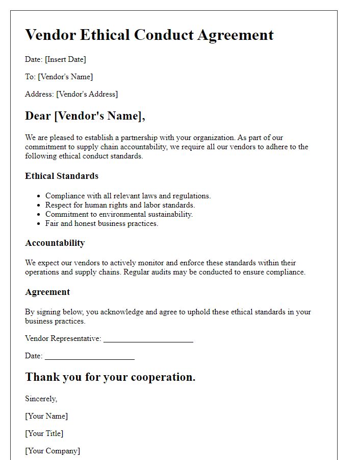 Letter template of Vendor Ethical Conduct Agreement for Supply Chain Accountability