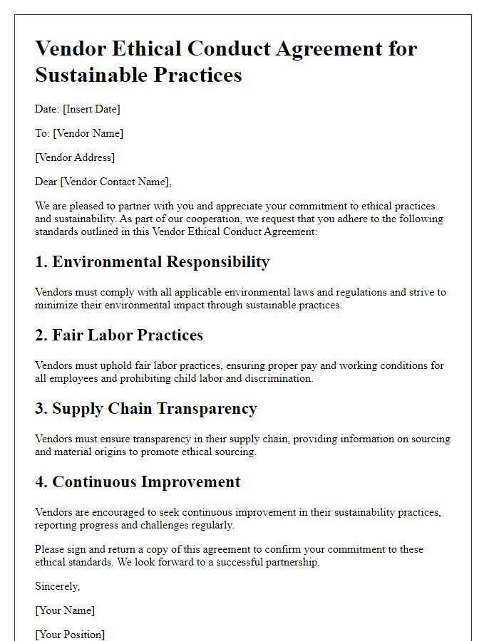 Letter template of Vendor Ethical Conduct Agreement for Sustainable Practices