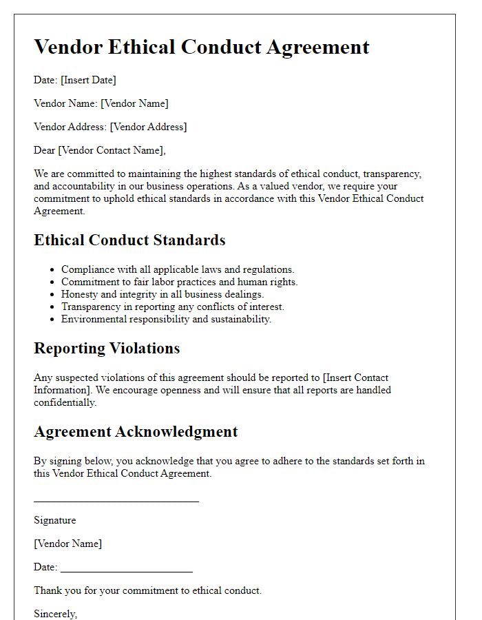 Letter template of Vendor Ethical Conduct Agreement for Transparency and Reporting