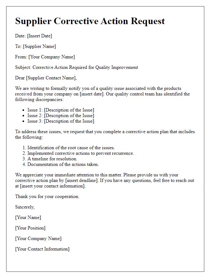 Letter template of supplier corrective action request for quality improvements