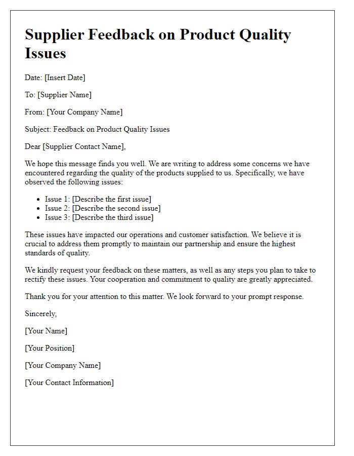 Letter template of supplier feedback on product quality issues