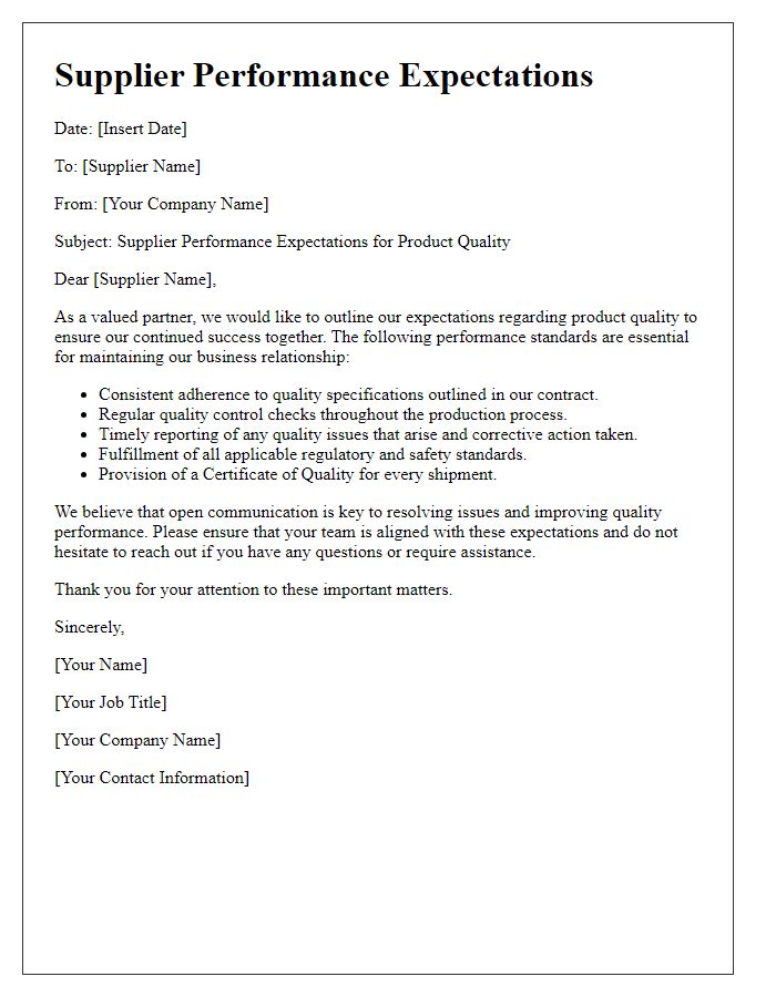 Letter template of supplier performance expectations for product quality