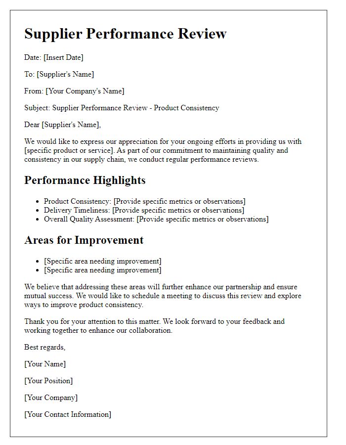 Letter template of supplier performance review for product consistency