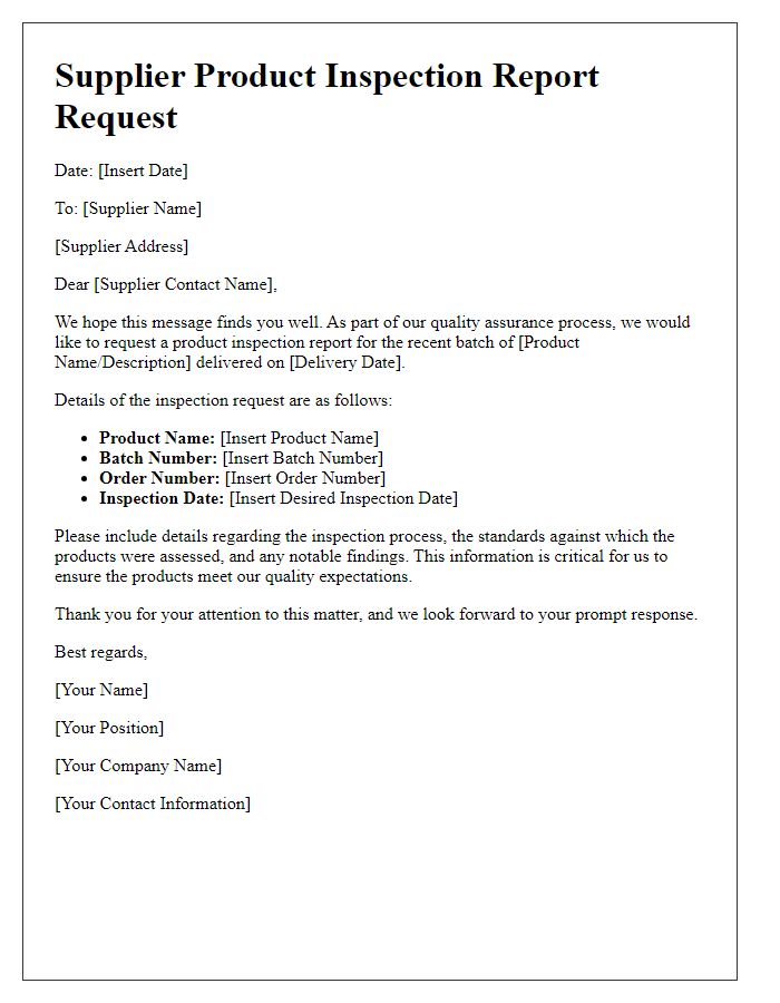 Letter template of supplier product inspection report request