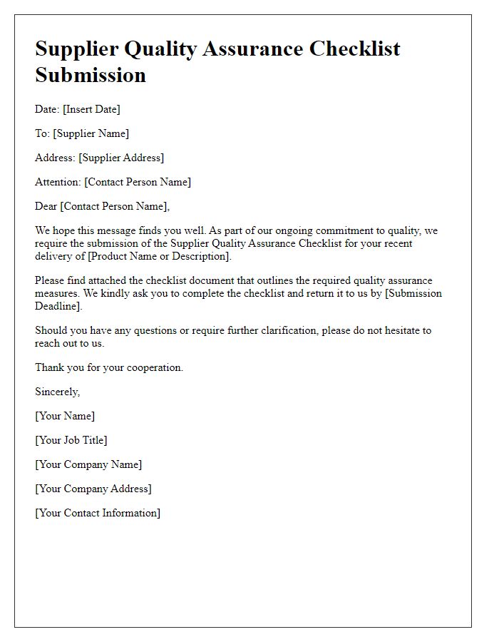 Letter template of supplier quality assurance checklist submission