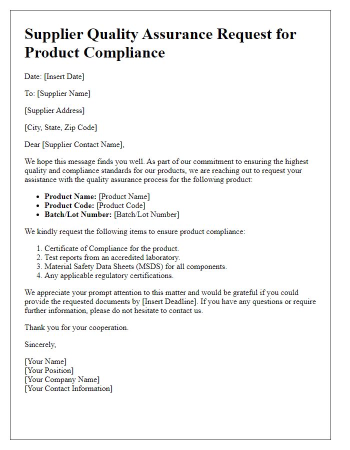 Letter template of supplier quality assurance request for product compliance