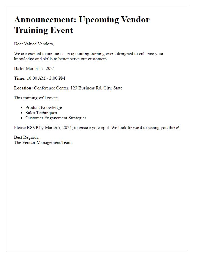 Letter template of Announcement for Upcoming Vendor Training Event