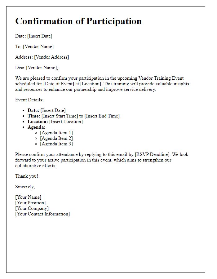 Letter template of Confirmation of Participation in Vendor Training Event